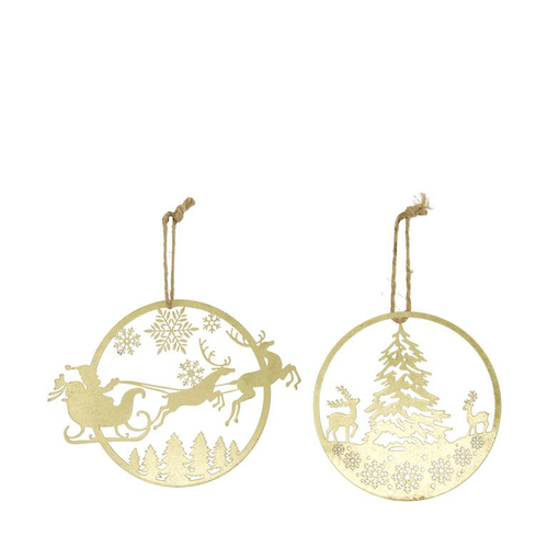 Visuel 1 du produit Décoration ronde à suspendre en métal doré scène de Noël - Ø 18 cm