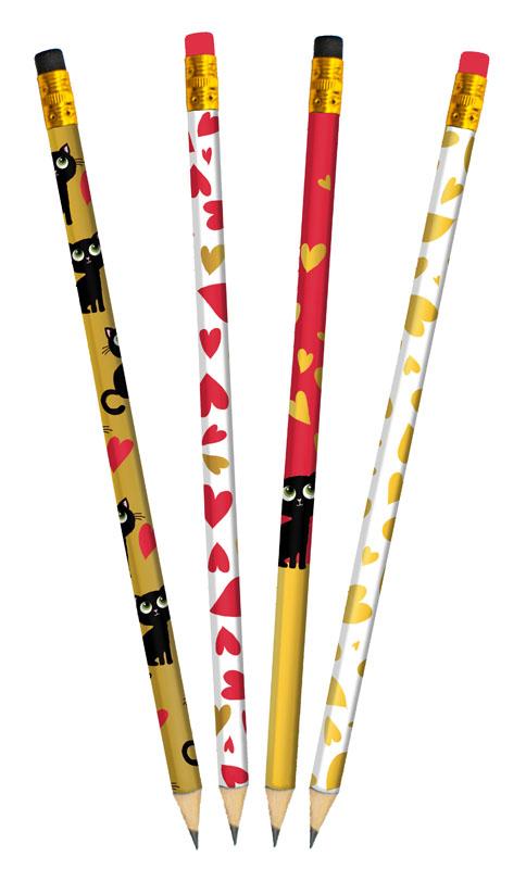 Visuel 1 du produit Ensemble de 4 crayons à papier thème chat et cœurs Cartedart - 19,5 cm
