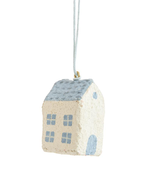 Visuel 1 du produit Suspension décorative maisonnette coloris bleu en coton maché - 2,5 x 3,2 x 5 cm