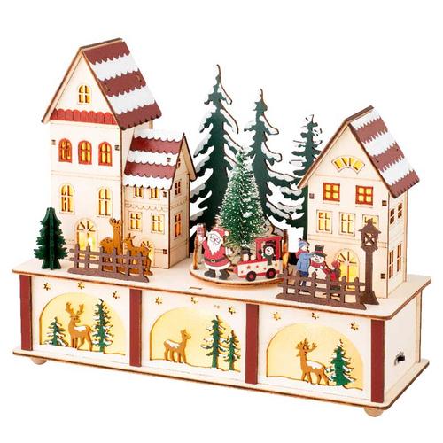 Visuel 1 du produit Village de Noël en bois certifié FSC® coloré et animé LED blanc chaud fixes intérieur - 10 x 27 x 22 cm