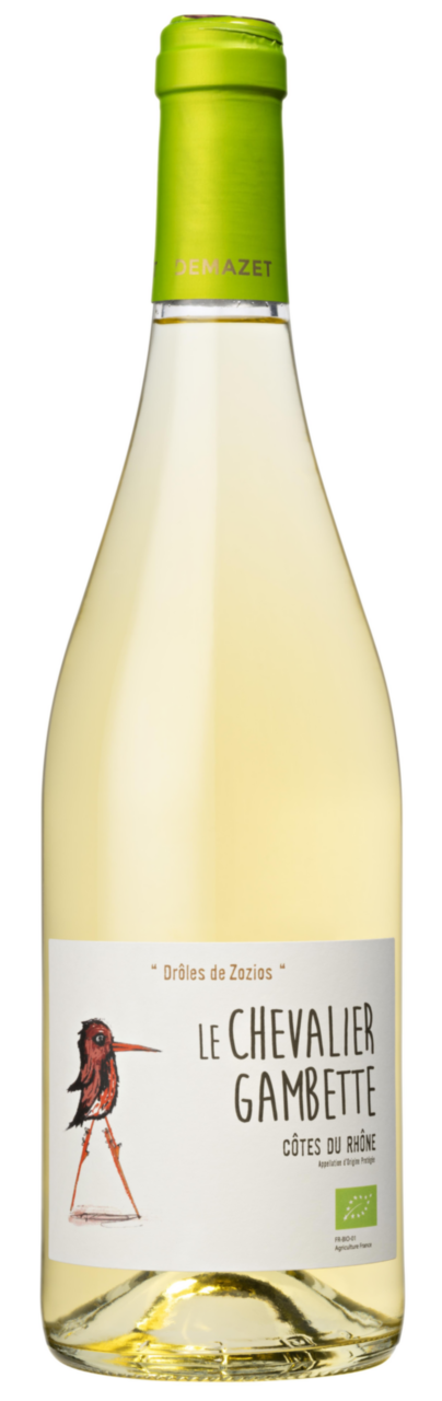 Visuel 1 du produit Vin blanc Côtes du Rhône AOC bio Le chevalier Gambette Drôles de zozios Demazet - 75 cl