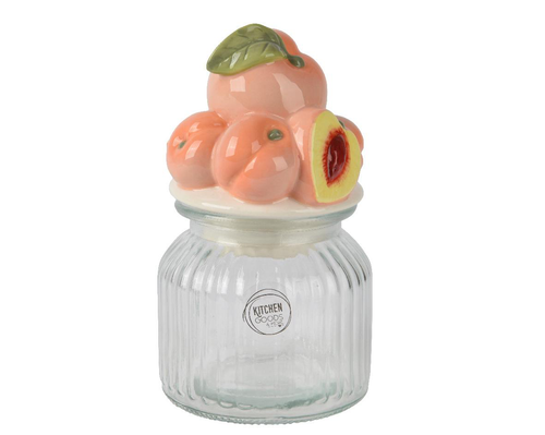 Visuel 1 du produit Bocal en verre à couvercle avec décor de pêches orange brillant - Ø 11 x H 19 cm