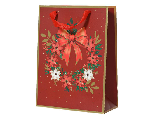 Visuel 1 du produit Sac cadeau en papier métallisé rouge décor couronne et nœud grand modèle - 12 x 30 x 42 cm