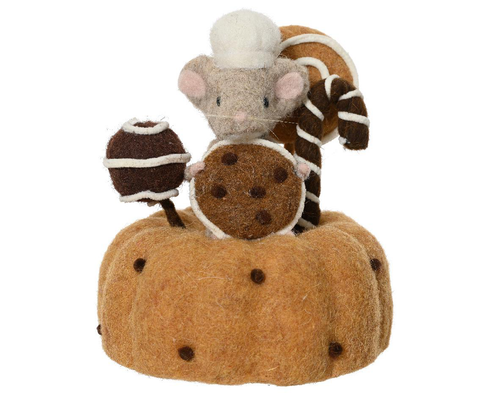 Visuel 1 du produit Gâteau avec souris en laine marron - Ø 15 x H 18 cm