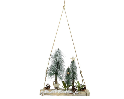 Visuel 1 du produit Paysage avec sapin et animaux sur socle en bois de pin à suspendre - 12 x 30 x 30 cm