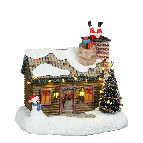 Visuel 1 du produit Scène lumineuse avec maison et Père Noël dans la cheminée sur piles - 20,5 x 20,5 cm