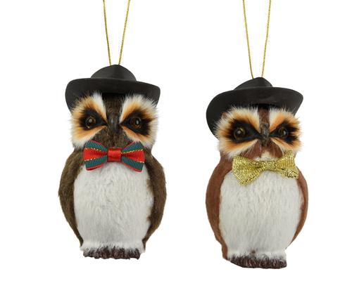Visuel 1 du produit Chouette en polyester brun à chapeau et nœud papillon à suspendre - Ø 4,5 x H 9,5 cm