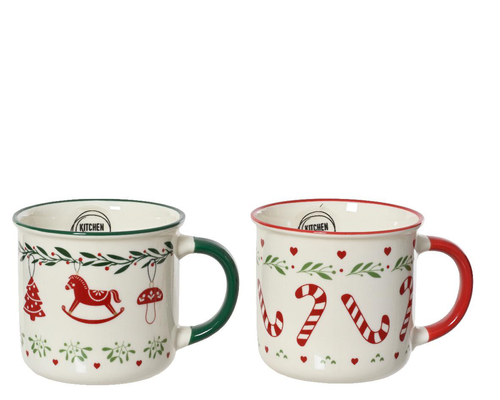 Visuel 1 du produit Mug blanc en porcelaine à motifs Noël rouges et verts et anse colorée - Ø 10,4 x H 8,5 cm
