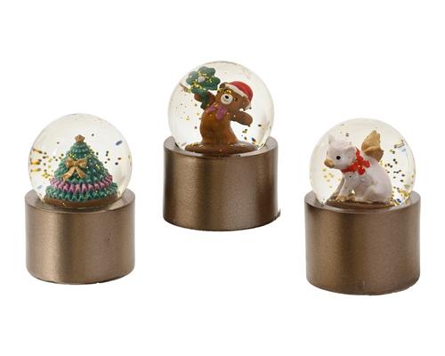 Visuel 1 du produit Mini boule à neige porte-bonheur en verre sur socle en polyrésine marron métallisé - Ø 3,5 x H 6 cm