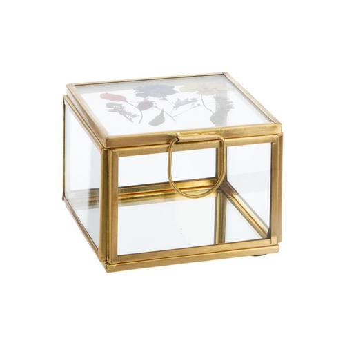 Visuel 1 du produit Boîte carrée en verre et métal doré avec décor fleurs séchées petit modèle - 8 x 8 x 6 cm
