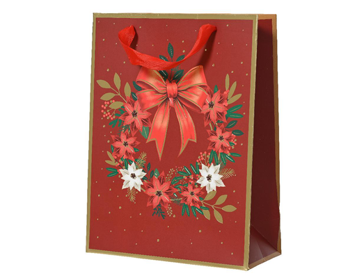 Visuel 1 du produit Sac cadeau en papier métallisé rouge décor couronne et nœud moyen modèle - 10 x 26 x 32 cm