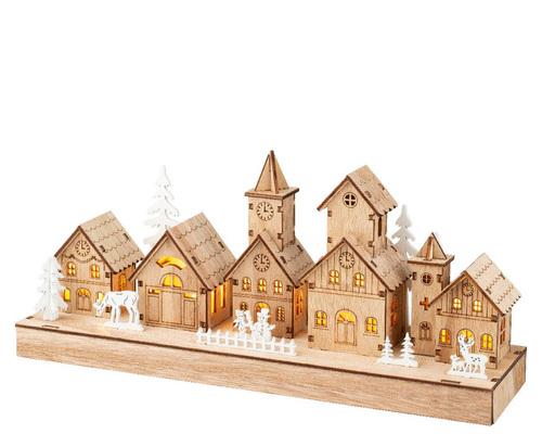Visuel 1 du produit Village animé lumineux rectangulaire en contreplaqué à 5 LED blanc chaud - 8 x 30 x 13,5 cm