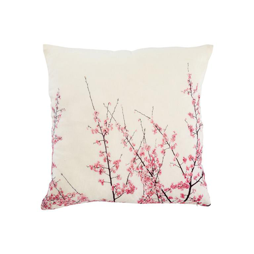Visuel 2 du produit Coussin en coton et lin crème à motifs branches de cerisier rose - 45 x 45 cm