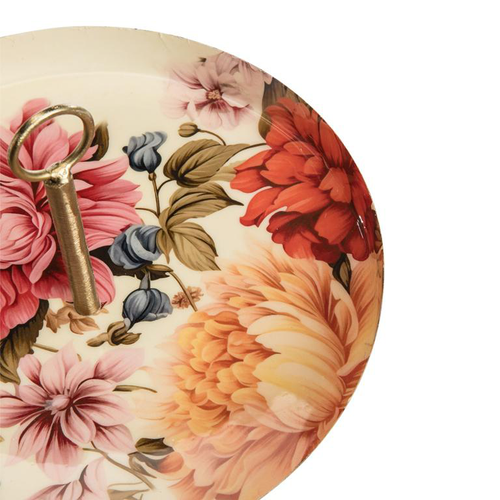 Visuel 2 du produit Plateau rond fleuri multicolore avec poignée en métal - Ø 26 x H 6 cm