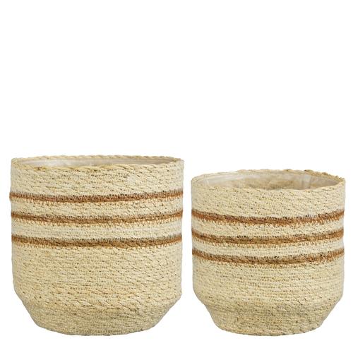 Visuel 1 du produit Panier rond en zostère coloris blanc rayé marron Lena - Ø 20 x H 20 cm