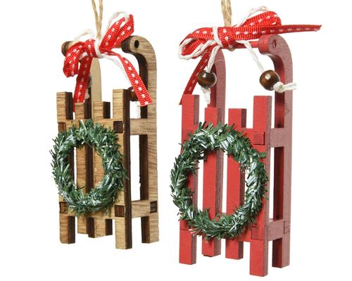 Visuel 1 du produit Traîneau en bois avec couronne de Noël à suspendre - 10 x 4 x 2,7 cm