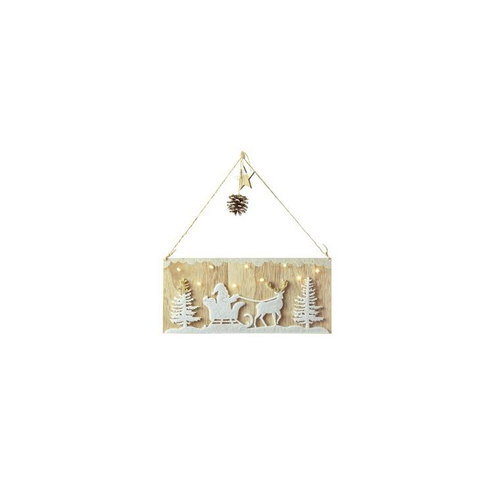 Visuel 1 du produit Plaque en bois et feutrine avec motif traîneau du Père Noël lumineux LED à lumière fixe blanc chaud - 30 x 13,5 cm