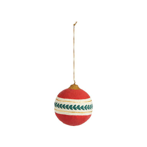 Visuel 1 du produit Décoration à suspendre boule en coton mâché rouge avec décor feuilles vertes - 8 cm
