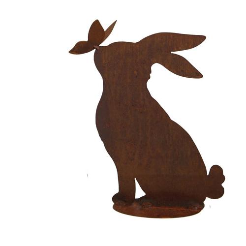 Visuel 1 du produit Lapin décoratif avec papillon coloris marron en métal rouillé - 24 x 31 cm