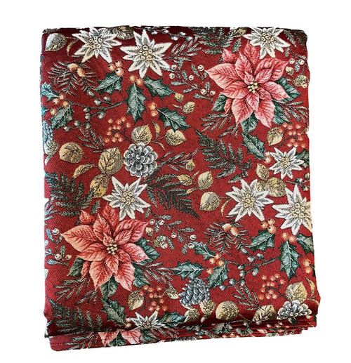 Visuel 1 du produit Nappe rouge en PE/coton à motifs roses, blancs et verts Poinsettia - 150 x 150 cm