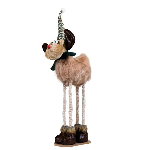 Visuel 1 du produit Peluche décorative de Noël renne 4 pattes fourrure télescopique en polyester coloris marron - H 72-91 cm