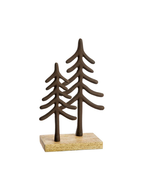 Visuel 1 du produit Figurine décorative 2 sapins sur socle coloris marron en aluminium et bois - 13 x 8 x 22,5 cm