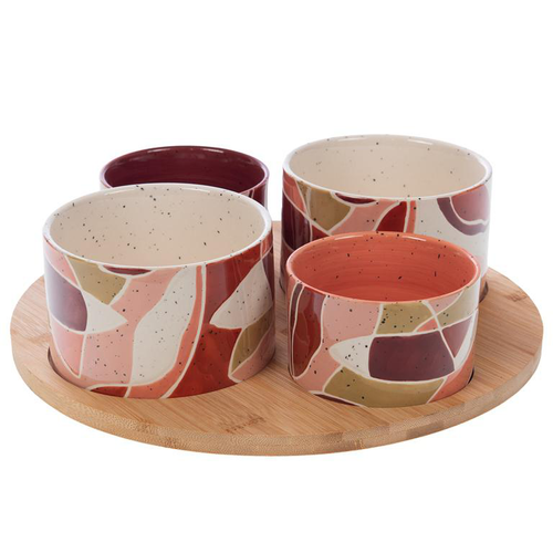 Visuel 1 du produit Ensemble plateau en bois et 4 bols en grès coloré Elena - Ø 30 cm