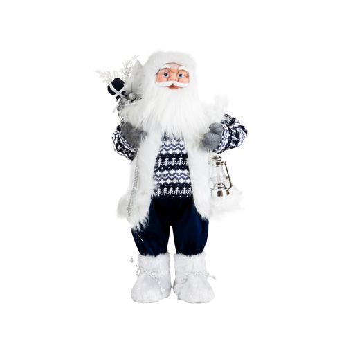 Visuel 1 du produit Père Noël décoratif Boréal avec hotte et lanterne en polyester coloris bleu et blanc - H 60 cm