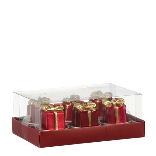 Visuel 1 du produit Lot de 6 bougies chauffe-plat forme cadeau bordeaux et or - Ø 4 x H 6 cm