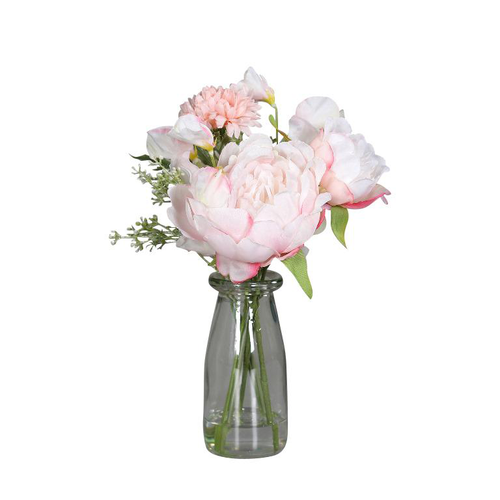 Visuel 1 du produit Bouquet de fleurs artificielles roses dans vase illusion d’eau - 32 cm
