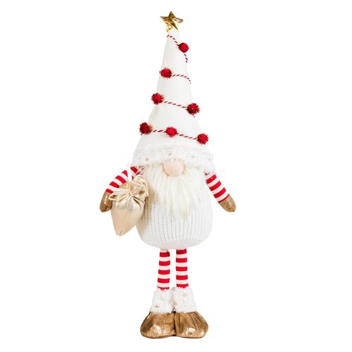 Visuel 1 du produit Peluche décorative de Noël gnome debout bonnet pompons en polyester coloris rouge et blanc - petit modèle H 61 cm