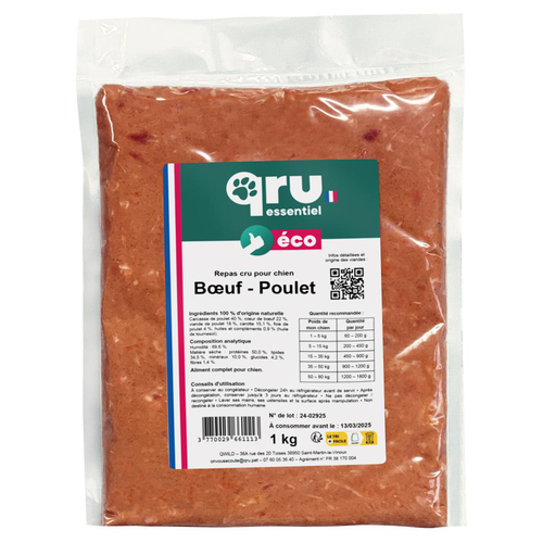 Visuel 1 du produit Aliment cru pour chien repas bœuf Qru Essentiel congelé - 1 kg