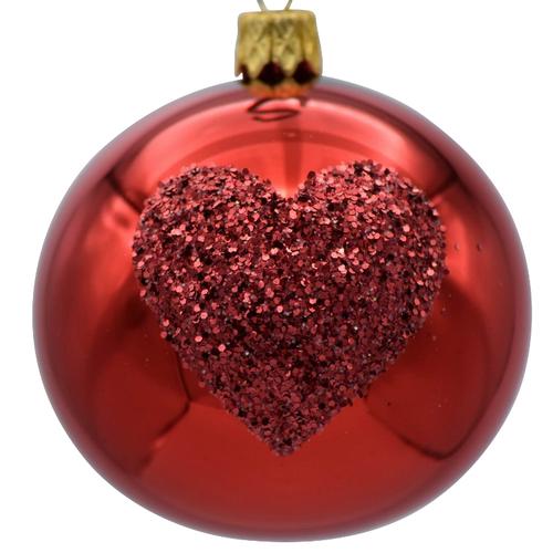 Visuel 1 du produit Boule de Noël en verre rouge avec cœur pailleté - Ø 7 cm