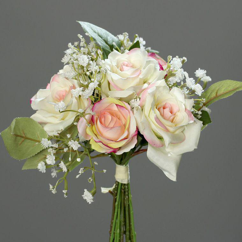 Bouquet de fleurs artificielles roses et gypsophiles coloris rose et crème  - 20 cm