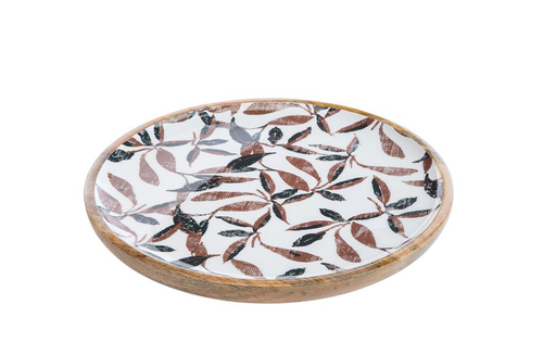 Visuel 1 du produit Plateau rond en bois de manguier marron avec décor émaillé feuillage d’automne multicolore – Ø 30 cm
