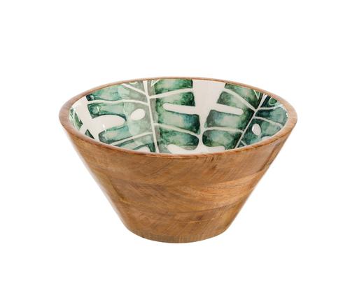 Visuel 1 du produit Saladier rond en bois de manguier intérieur émaillé décor feuilles vert- Ø 25 x H 13 cm