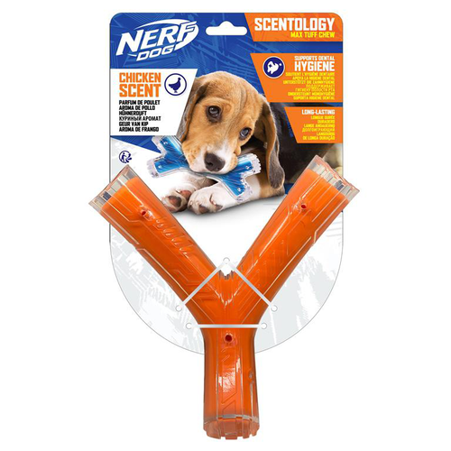 Visuel 1 du produit Jouet à mâcher pour chien coloris orange goût poulet Nerf Scentology Wishbone - 21 cm