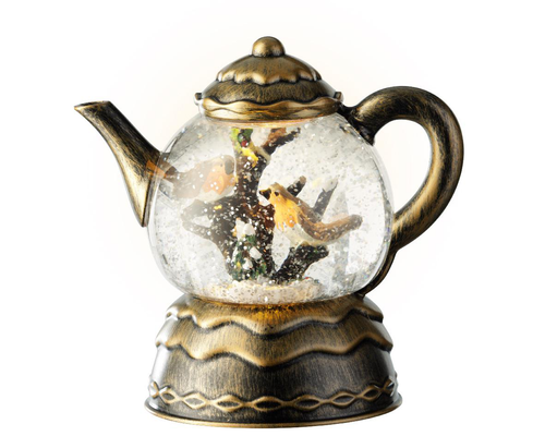 Visuel 1 du produit Lanterne forme théière à neige en plastique or à LED fixe blanc chaud et décor oiseau - 12 x 18 x 18,2 cm