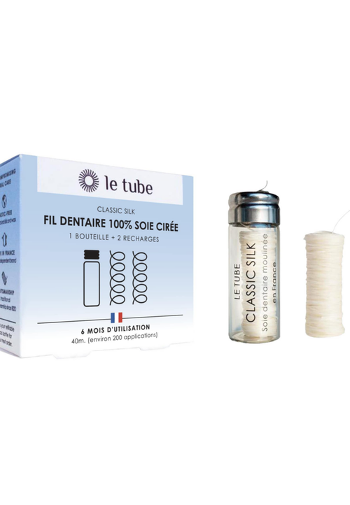 Visuel 1 du produit Fil dentaire 100% soie cirée coffret 1 bouteille et 2 bobines Le tube