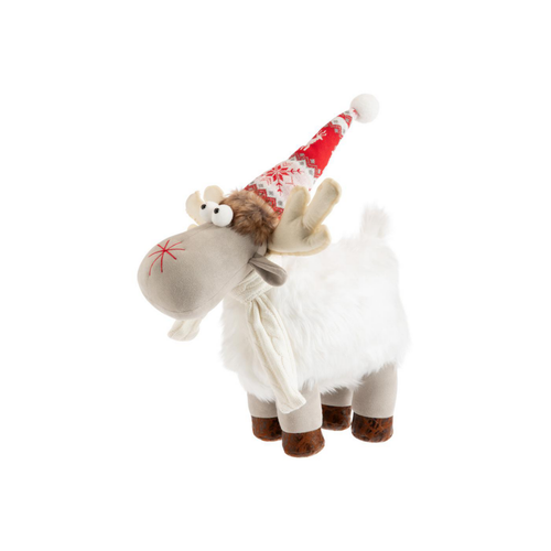 Visuel 1 du produit Renne sur 4 pattes beige et blanc avec fourrure - 56 cm