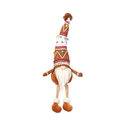 Visuel 1 du produit Gnome en polyester façon pain d’épice marron et blanc assis avec jambes pendantes - 44 cm