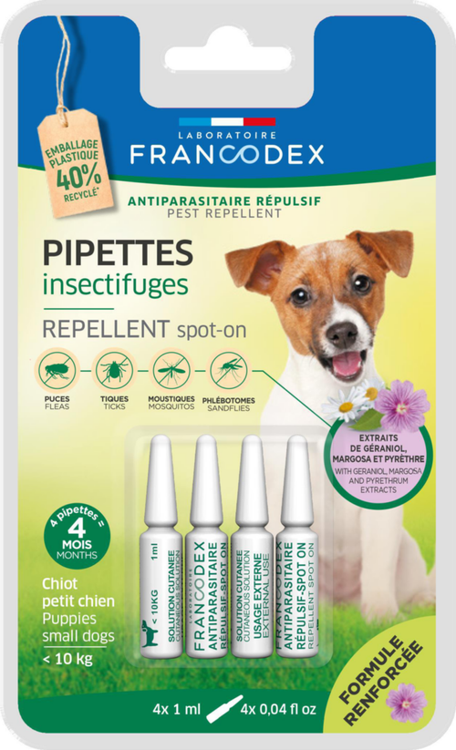 Visuel 1 du produit Pipettes antiparasitaires répulsives pour chiot et petit chien moins de 10 kg Francodex - 4 x 1 ml