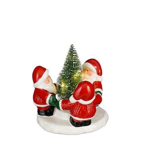 Visuel 1 du produit Trio de pères Noël rouges avec sapin à LED sur céramique blanche - Ø 10,5 x H 12 cm