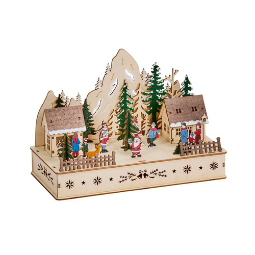 Visuel 1 du produit Village boisé du Père Noël en bois naturel rouge et vert à 6 LED sur piles - 28 x 14 x 20 cm