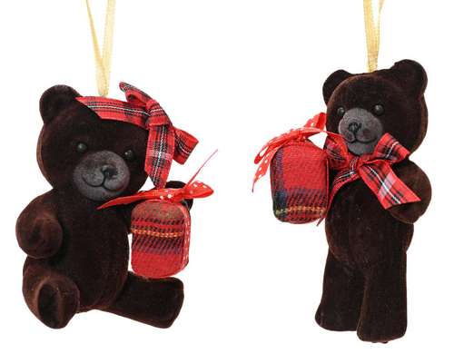 Visuel 1 du produit Ours brun foncé avec cadeau à suspendre en polystyrène flocké - 6 x 4 x 9 cm