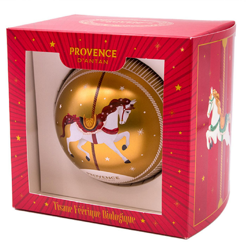 Visuel 1 du produit Coffret 1 boule de Noël or motif cheval garnie de 8 sachets de tisane bio Provence d’antan - 14,4 g