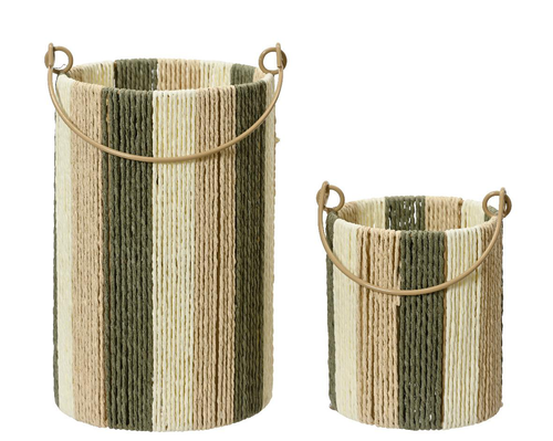 Visuel 1 du produit Ensemble de deux photophores en corde de papier vert, beige et crème – Les deux pièces