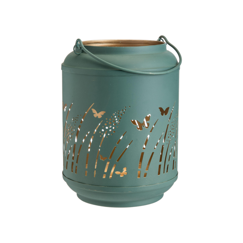 Visuel 1 du produit Lanterne en métal vert avec décor papillons doré petit modèle - Ø 15 x H 20 cm