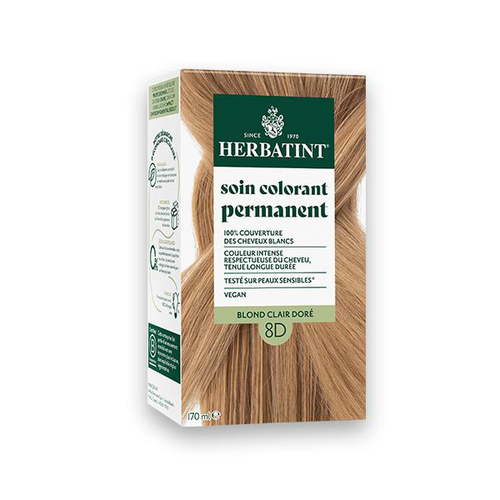 Visuel 1 du produit Coloration permanente pour cheveux blond clair doré 8D aux extraits végétaux biologiques vegan Herbatint - 170 ml
