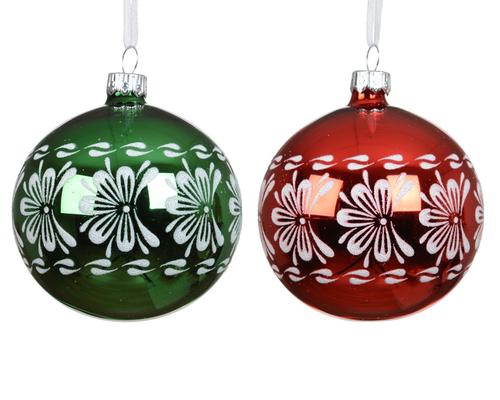 Visuel 1 du produit Boule de Noël en verre coloré à frise fleurie - Ø 8 cm